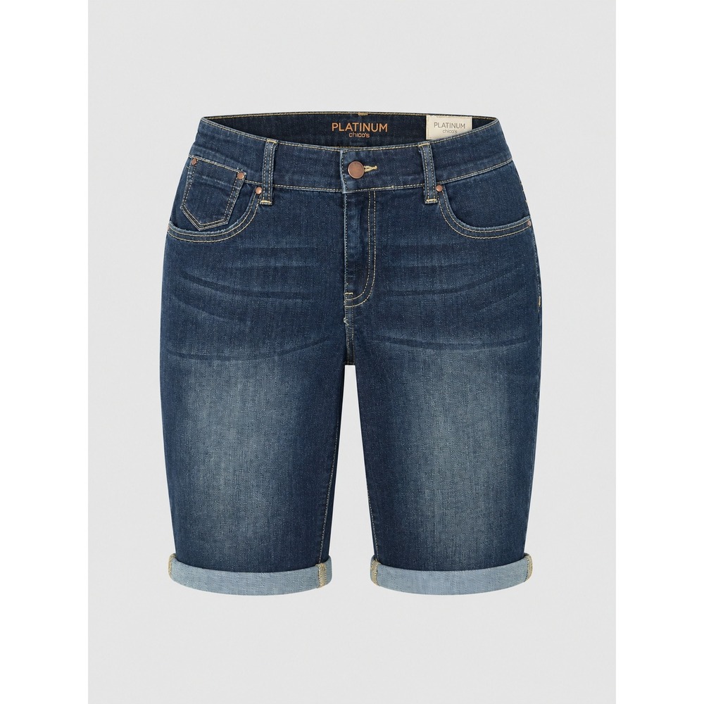 Chicos Platinum Boyfriend Denim Shorts Equinox Wash Dark Blue Cuffed Size 00 NEW